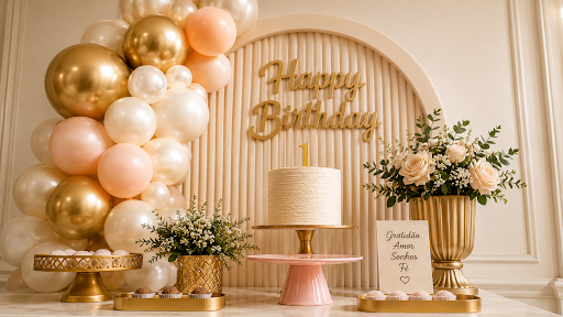 Luxurious party setup with balloons and cake